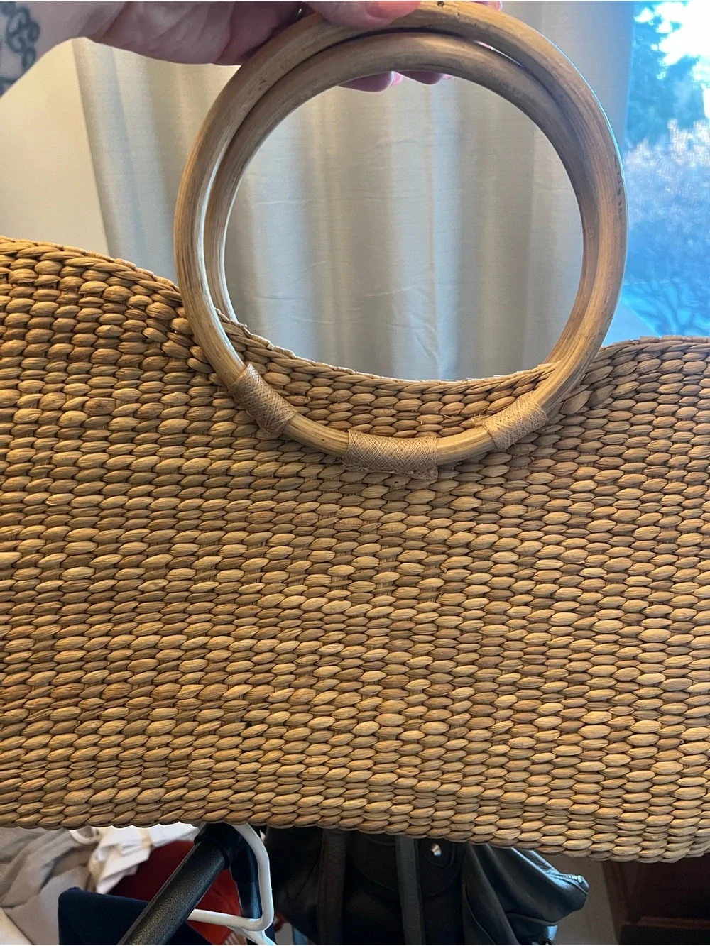 Vintage 70s Straw Woven Tote | Floral + Butterfly Deco-Bamboo Handles | Boho Bag - Picture 8 of 12